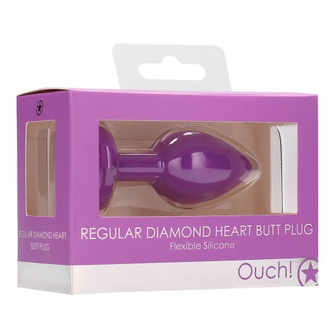 Фиолетовая анальная пробка с прозрачным стразом Diamond Heart Butt Plug - 7,3 см.