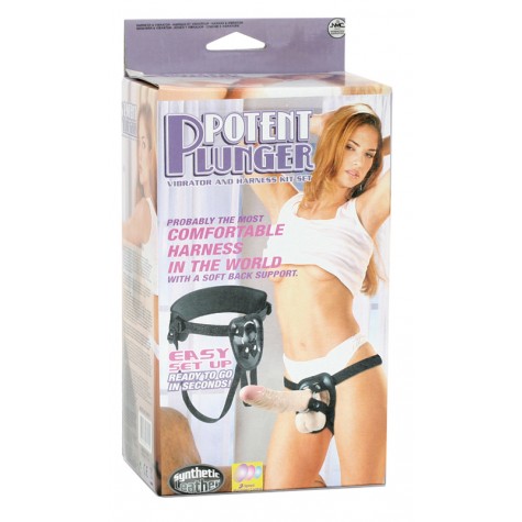 Поясной виброфаллос на кожаных трусиках POTENT PLUNGER HARNESS WITH 8 VIBRATOR - 20,2 см.